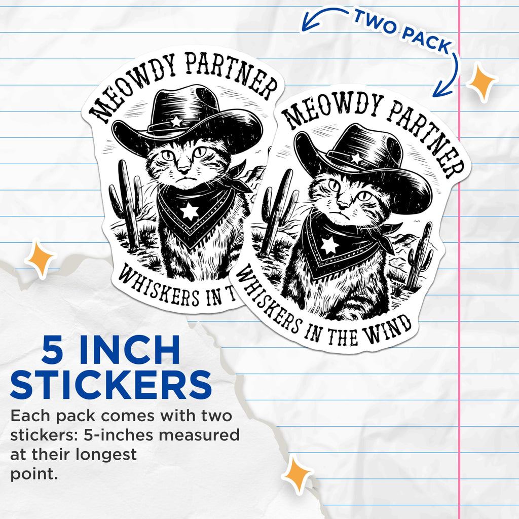 (2 Pack) Cowboy Cat Stickers - Funny Cat Stickers - Western Cat Sticker - 5" On Longest Side - Sticks to Any Smooth Flat Surface - Made in USA - BMCS3436