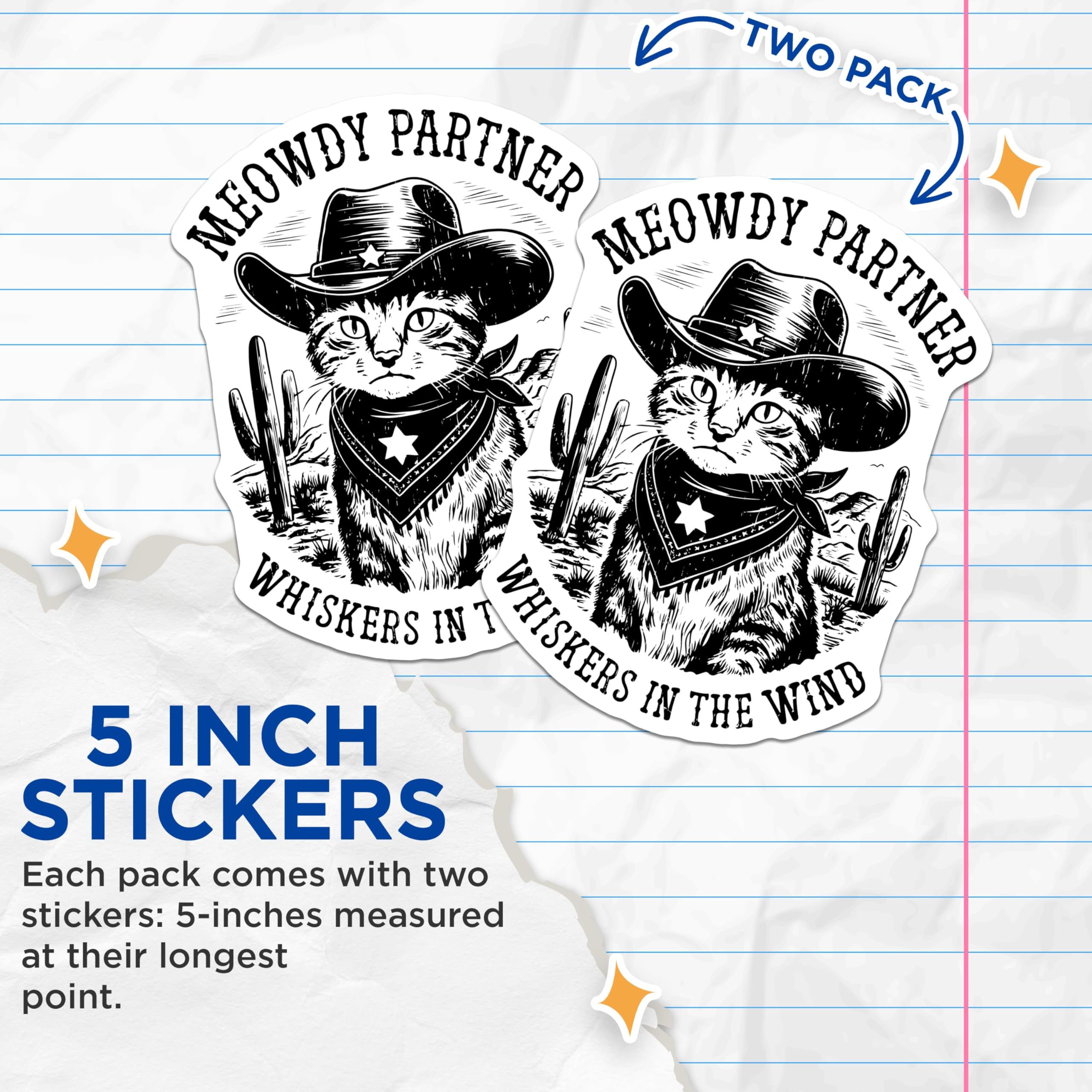 (2 Pack) Cowboy Cat Stickers - Funny Cat Stickers - Western Cat Sticker - 5" On Longest Side - Sticks to Any Smooth Flat Surface - Made in USA - BMCS3436
