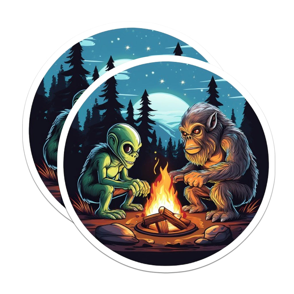 (2 Pack) Alien Bigfoot Campfire Magnets - Cryptid Forest Night Scene - Extraterrestrial Sasquatch Art Kitchen Decor - 5 Inches On Longest Side - Thick Durable Magnet - Made in USA - MAG22117