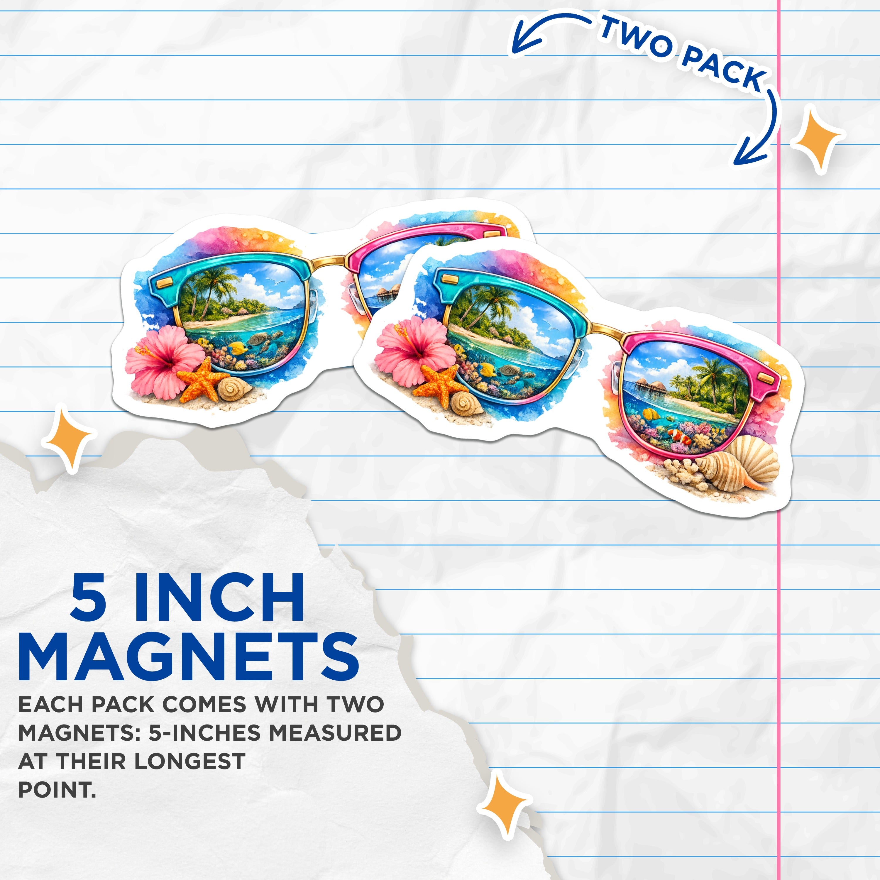 (2 Pack) Tropical Vacation Magnets - Beach Summer Decor - Ocean Scene Refrigerator Art - 5 Inches On Longest Side - Thick Durable Magnet - Made in USA - MAG39965