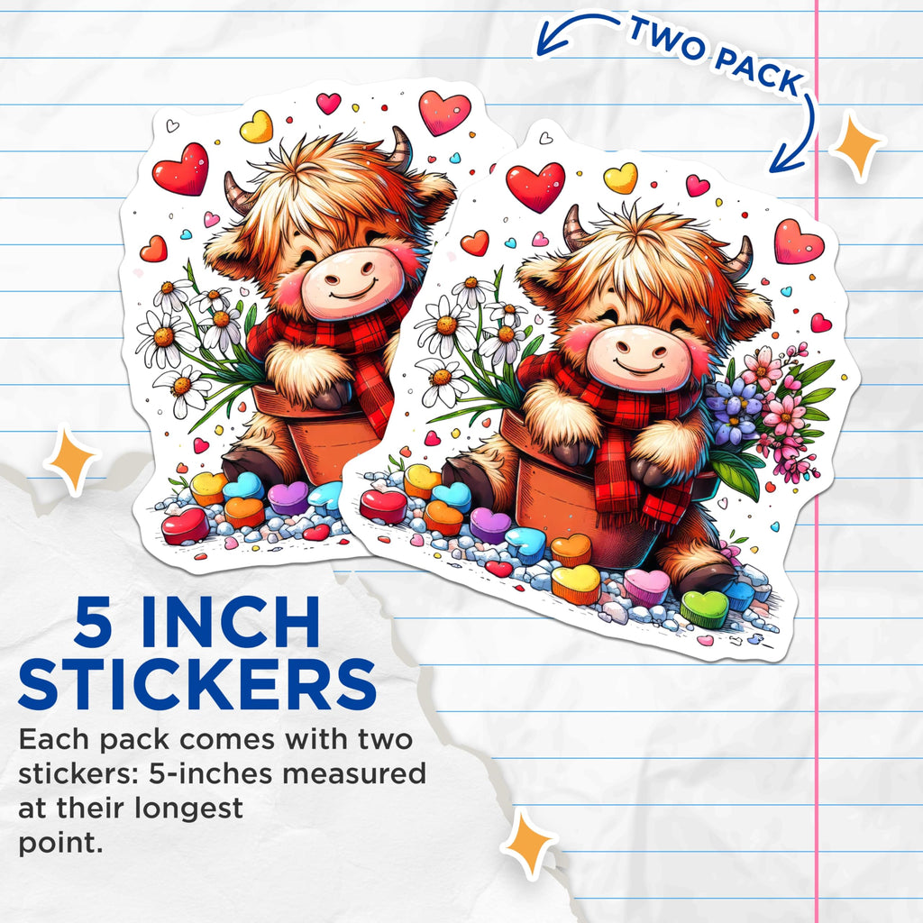 (2 Pack) Highland Cow Stickers - Cute Animal Stickers - Valentines Day Sticker - 5" On Longest Side - Sticks to Smooth Flat Surfaces - Made in USA - BMCS14243