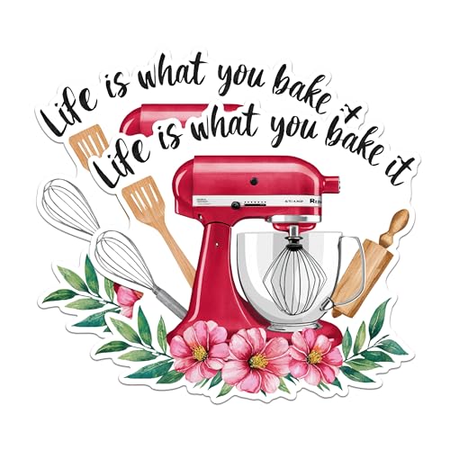 (2 Pack) Life is What You Bake It Stickers - Baking Mixer Stickers - Kitchen Appliance Stickers - 5" On Longest Side - Sticks to Any Smooth Flat Surface - Made in USA - BMCS2992