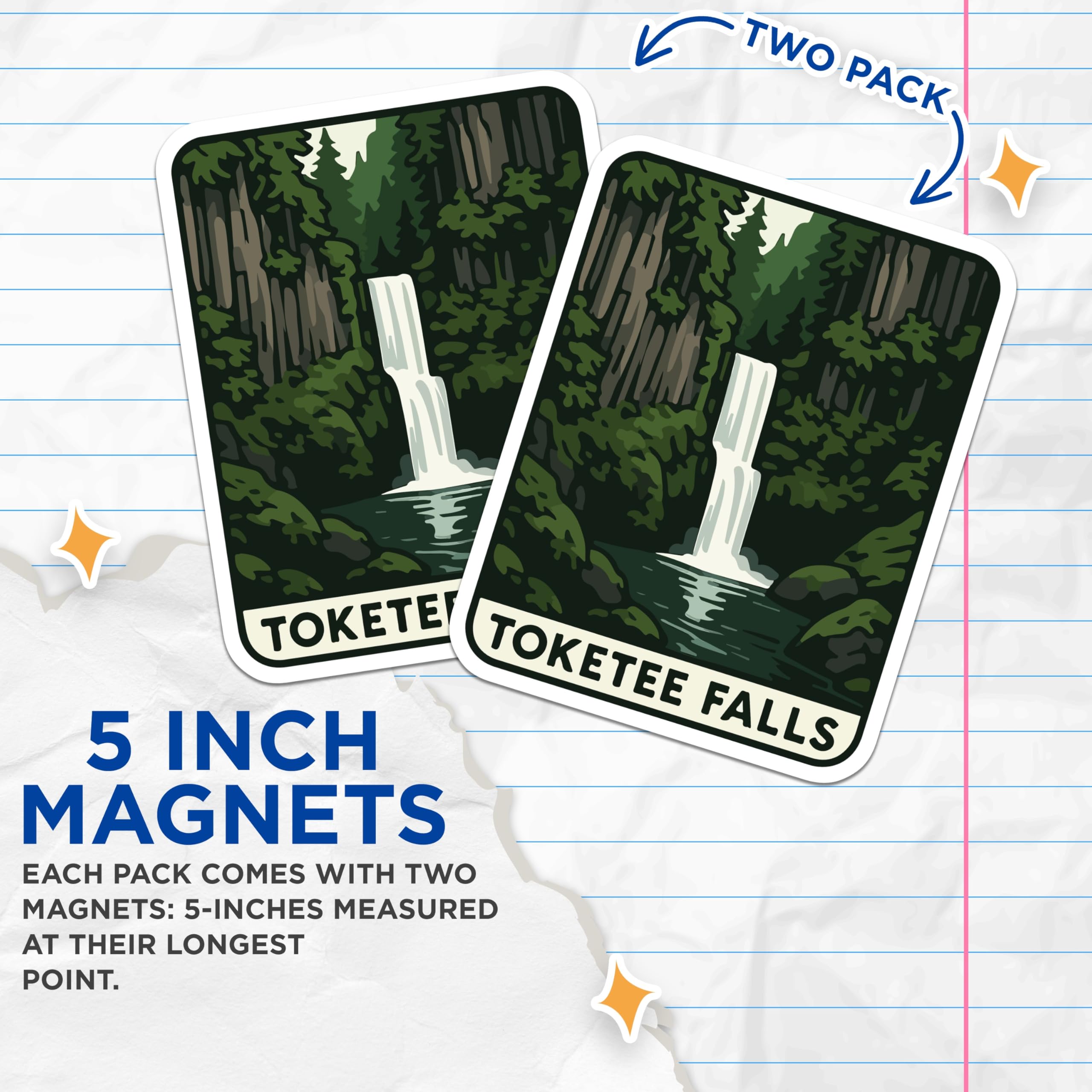 (2 Pack) Toketee Falls Magnets - Oregon Waterfall Art - Pacific Northwest Landscape - Forest Scene Decor - 5 Inches On Longest Side - Thick Durable Magnet - Made in USA - MAG20146