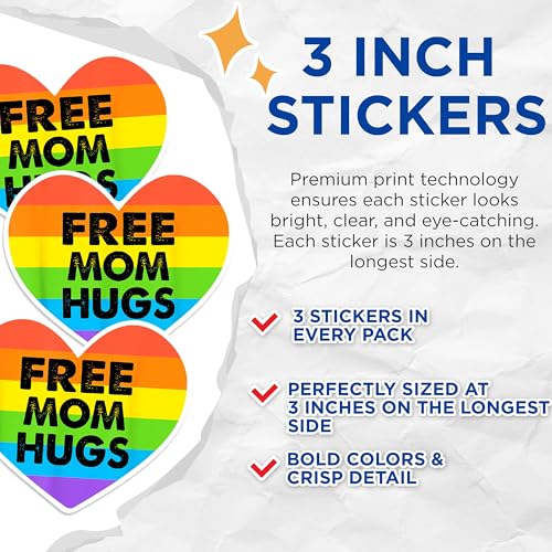 (3 Pack) Free Mom Hugs Decals - LGBTQ Pride - Rainbow Heart Decals - 3 Inches On Longest Side - Easy Peel & Apply - Made in USA - 3MCS0577