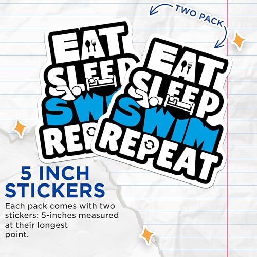 (2 Pack) Eat Sleep Swim Repeat Stickers - 5" On Longest Side - Sticks to Smooth Flat Surfaces - Made in USA - BMCS8724 - BMCS8724