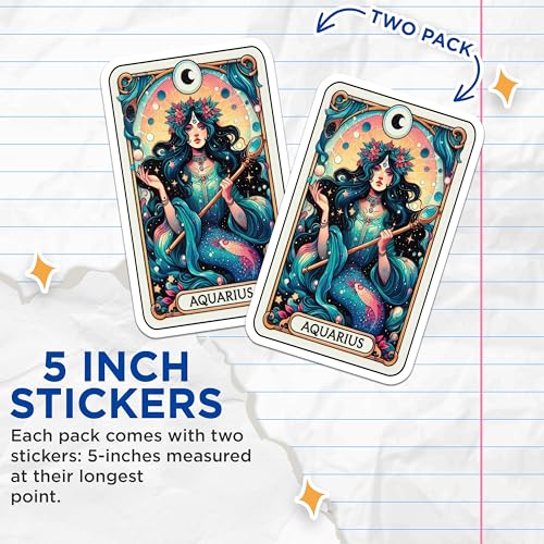 (2 Pack) Aquarius Zodiac Stickers - Celestial Astrology Stickers - Horoscope Stickers - 5" On Longest Side - Sticks to Smooth Flat Surfaces - Made in USA - BMCS4753