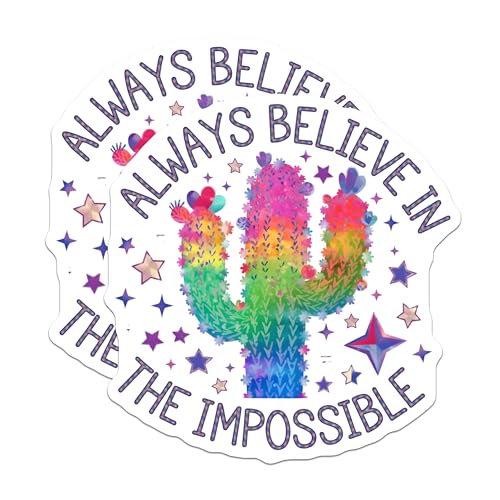 (2 Pack) Always Believe in The Impossible Stickers - Inspirational Quote - Motivational Cactus Decal - 5" On Longest Side - Sticks to Smooth Flat Surfaces - Made in USA - BMCS6389