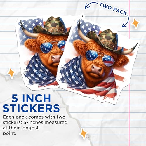 (2 Pack) Highland Cow Stickers - Patriotic Animal - Cool Sunglasses Bull Sticker - 5" On Longest Side - Sticks to Smooth Flat Surfaces - Made in USA - BMCS6353