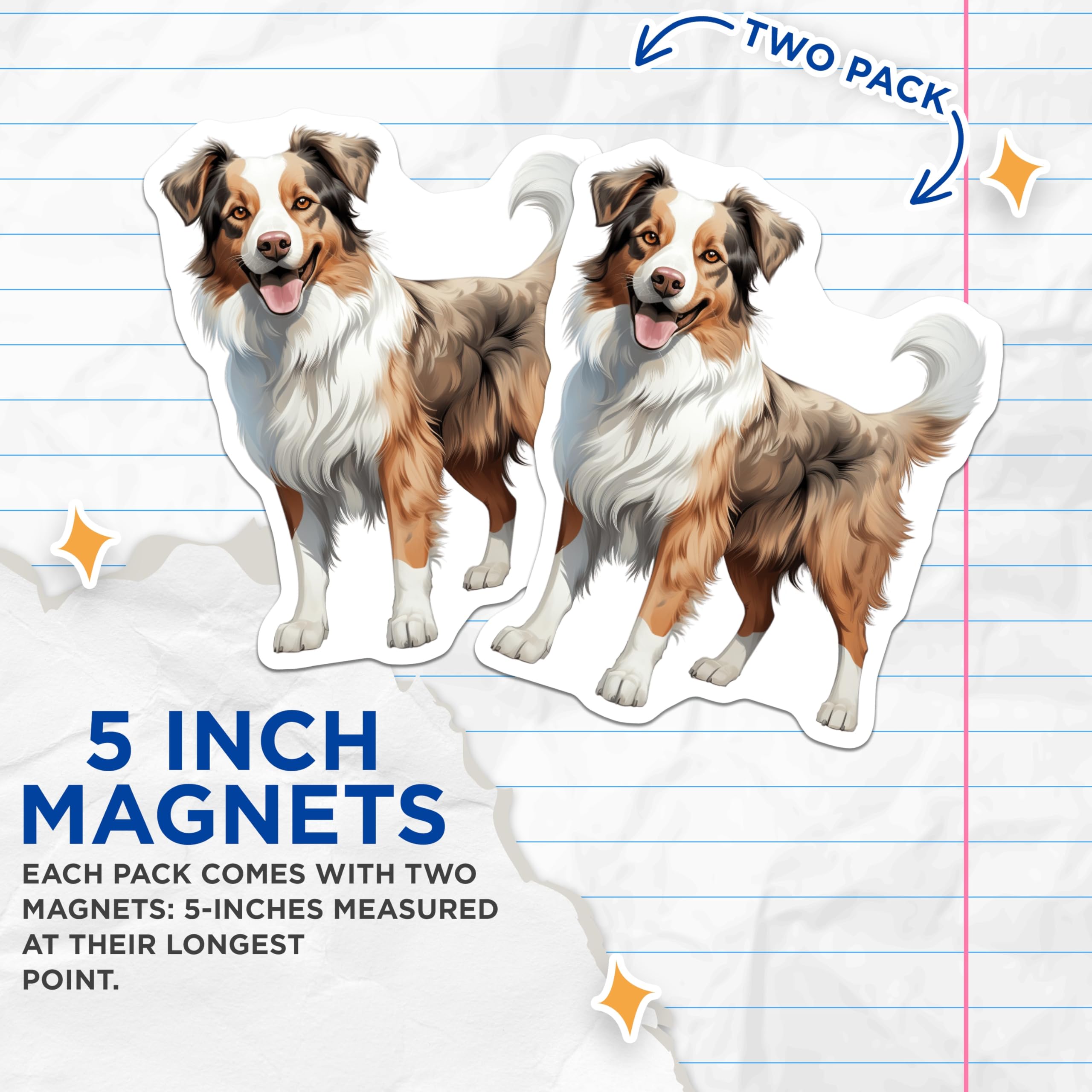 (2 Pack) Australian Shepherd Magnets - Aussie Dog Art - Pet Lover Refrigerator Decor - 5 Inches On Longest Side - Thick Durable Magnet - Made in USA - MAG27302