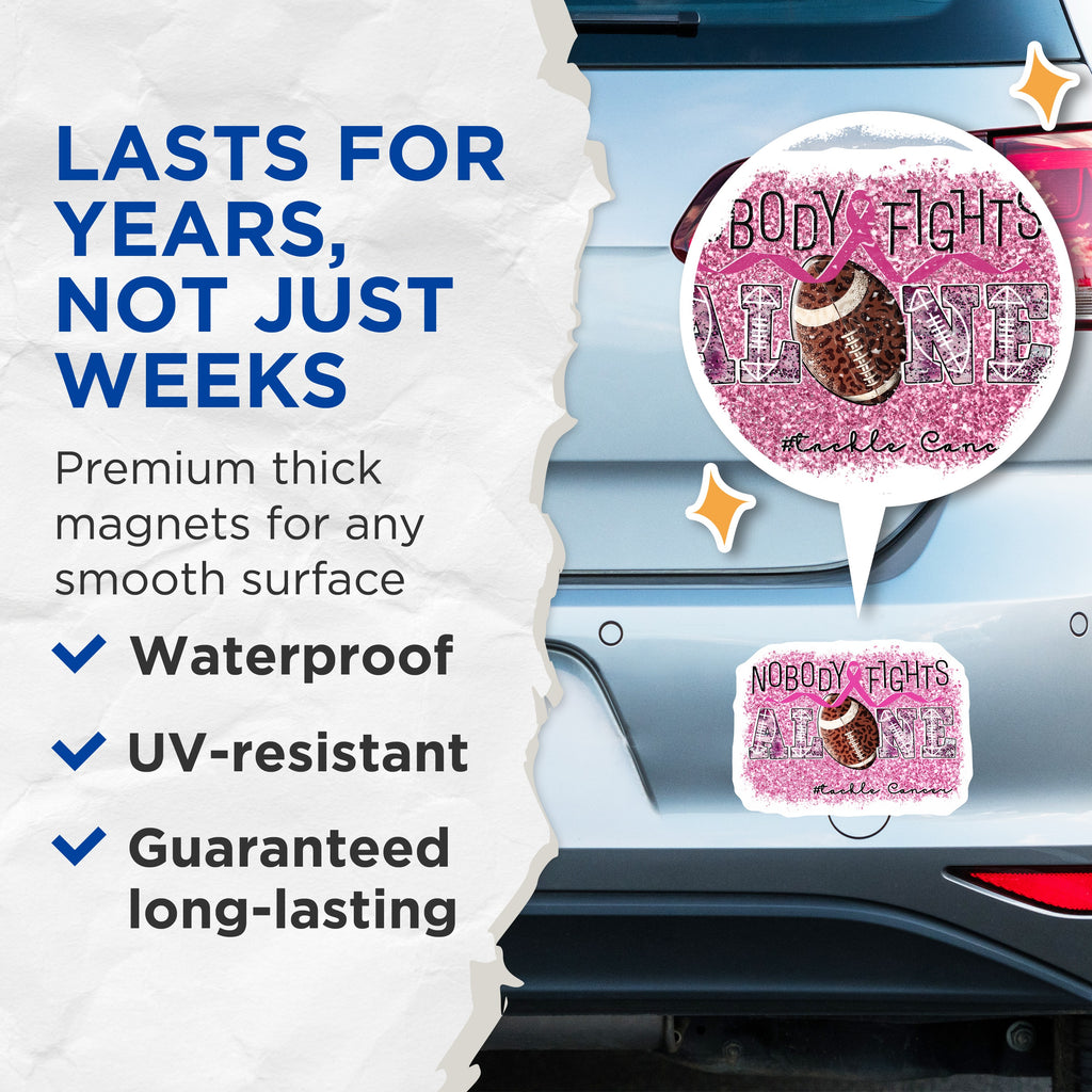 (2 Pack) Football Cancer Awareness Magnets - Breast Cancer Supporter - Nobody Fights Alone Theme - 5 Inches On Longest Side - Thick Durable Magnet - Made in USA - MAG39957