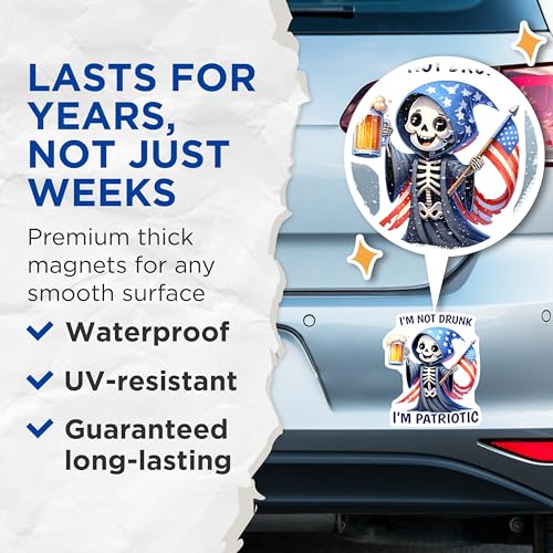 (2 Pack) I'm Not Drunk I'm Patriotic Magnets - Funny Grim Reaper - Beer Humor Decoration for Independence Day - 5" On Longest Side - for Cars, Fridges, Toolboxes - Made in USA - MAG7917