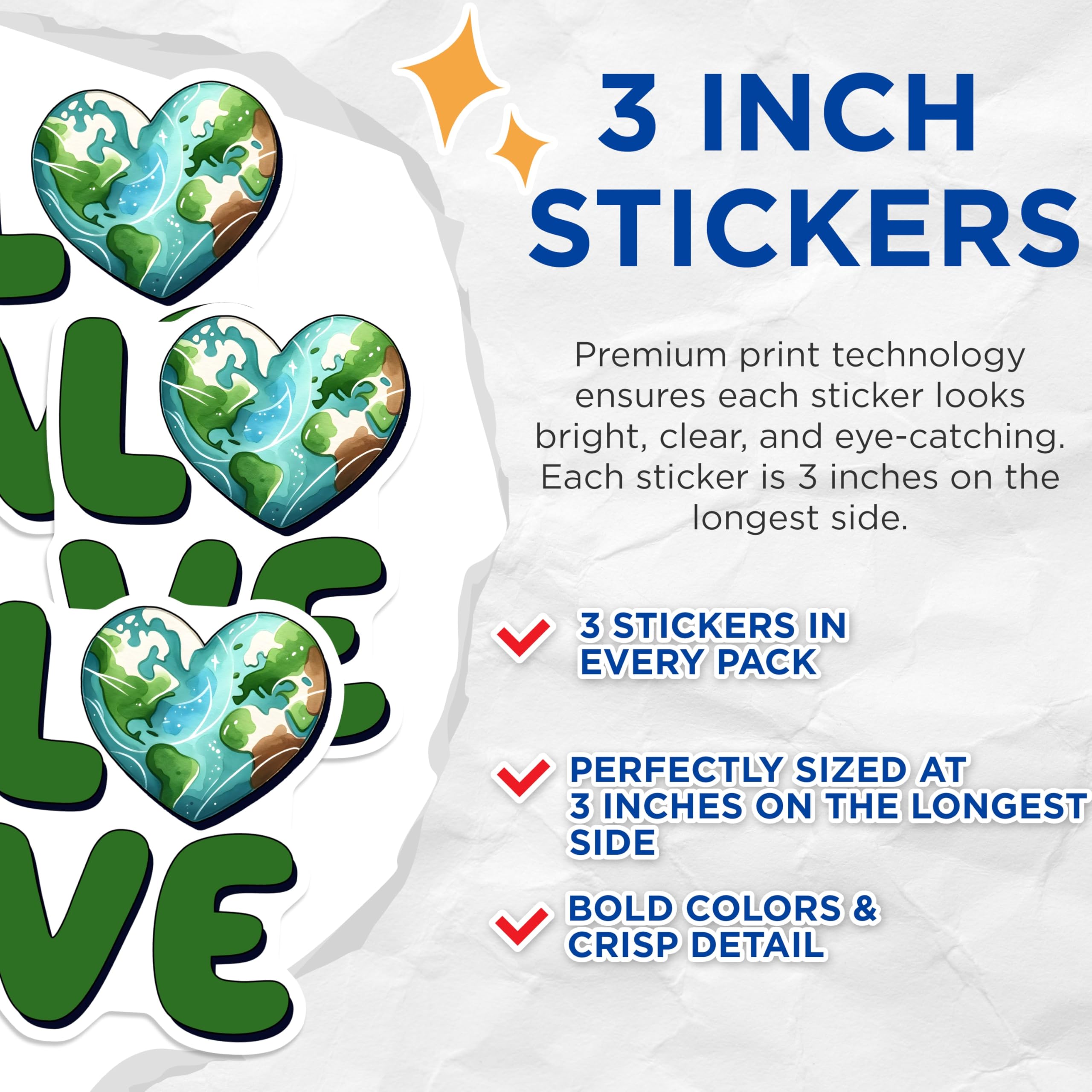 (3 Pack) Love Earth Decals - Heart Shaped World - Environmental Love - 3 Inches On Longest Side - Easy Peel & Apply - Made in USA - 3MCS8518