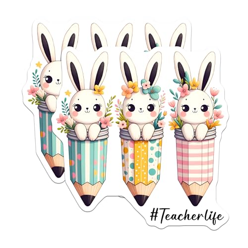 (2 Pack) Cute Bunny Pencil Stickers - Teacher Life - Bunny Art - 5" On Longest Side - Sticks to Smooth Flat Surfaces - Made in USA - BMCS8153