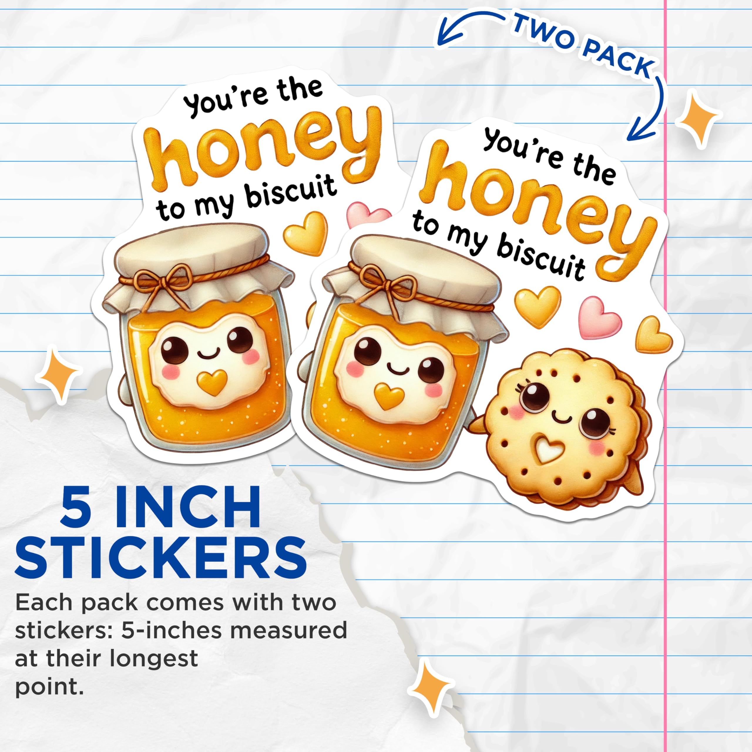 (2 Pack) Honey Biscuit Love Stickers - Cute Couple Stickers - Foodie Stickers - 5" On Longest Side - Sticks to Any Smooth Flat Surface - Made in USA - BMCS3488