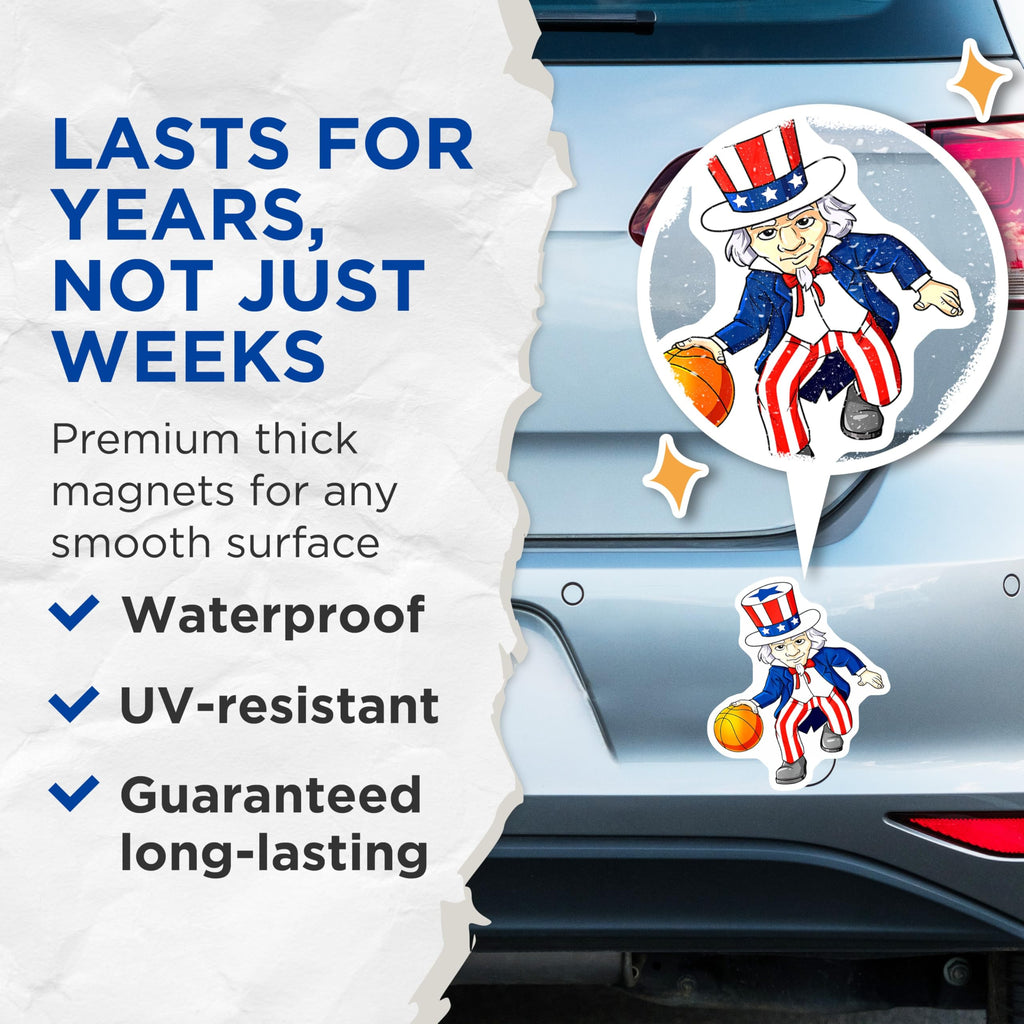 (2 Pack) Uncle Sam Basketball Magnets - Patriotic Sports Fan Decor - 4th of July Appliance - 5 Inches On Longest Side - Thick Durable Magnet - Made in USA - MAG28265