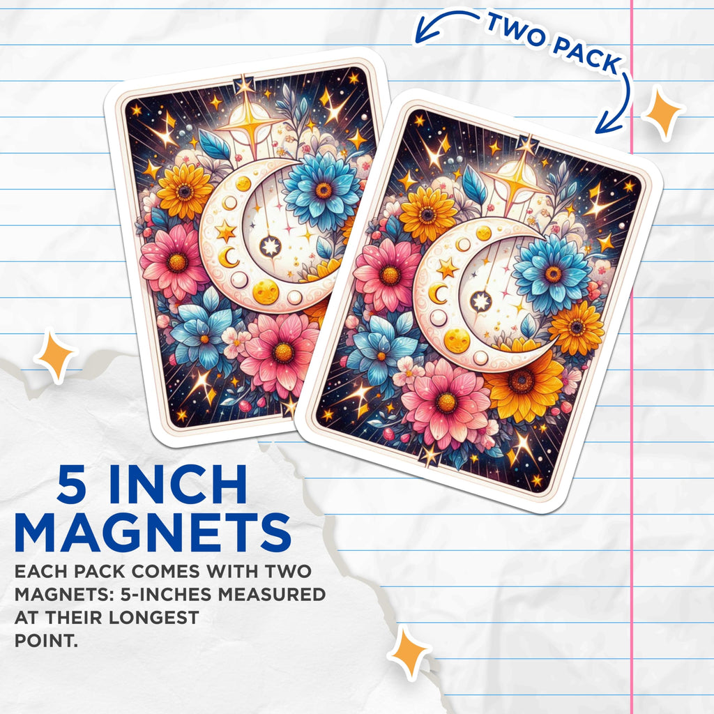 (2 Pack) Celestial Moon Magnets - Starry Night Flowers - Whimsical Floral Decor Fridge Magnets - 5 Inches On Longest Side - Thick Durable Magnet - Made in USA - MAG21423