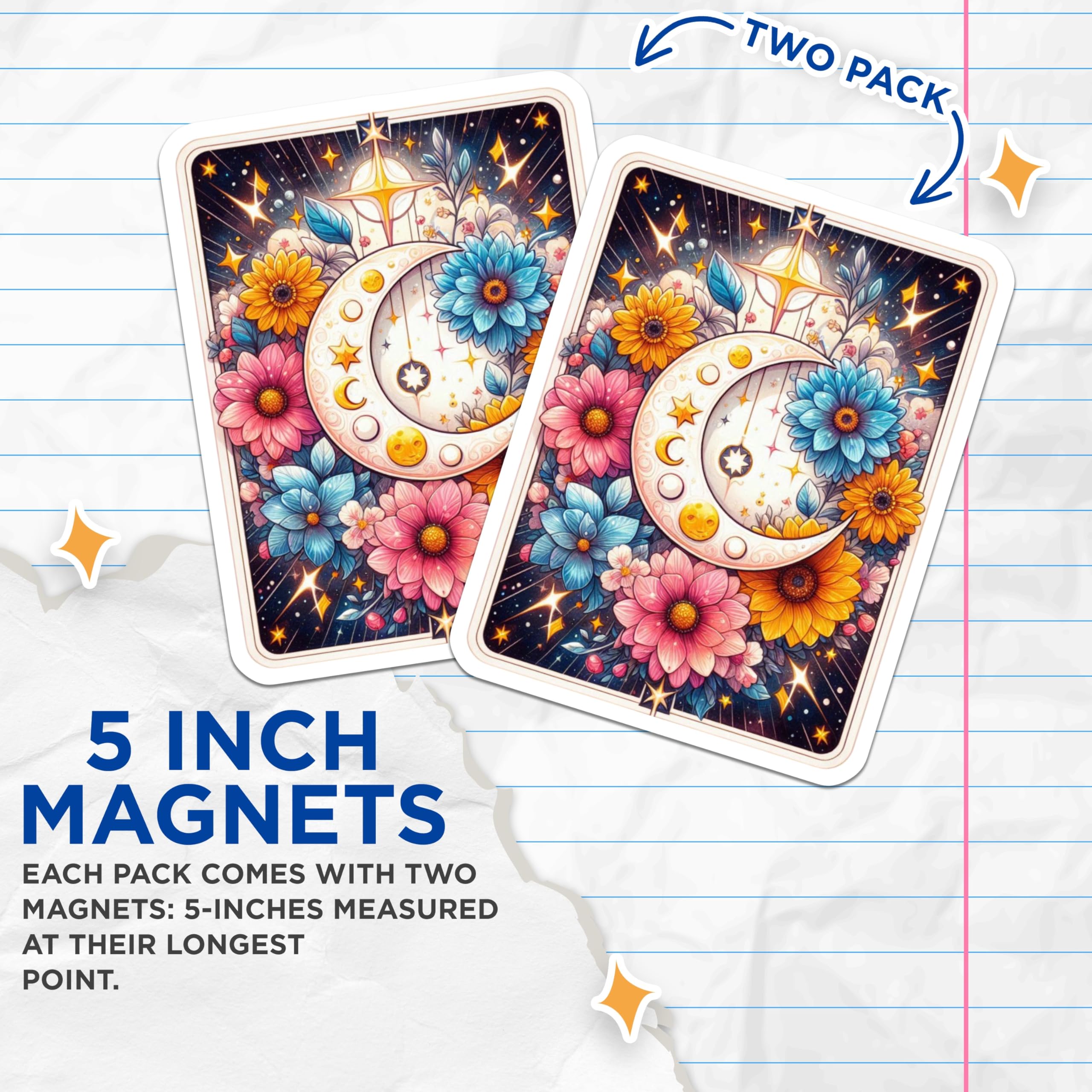 (2 Pack) Celestial Moon Magnets - Starry Night Flowers - Whimsical Floral Decor Fridge Magnets - 5 Inches On Longest Side - Thick Durable Magnet - Made in USA - MAG21423
