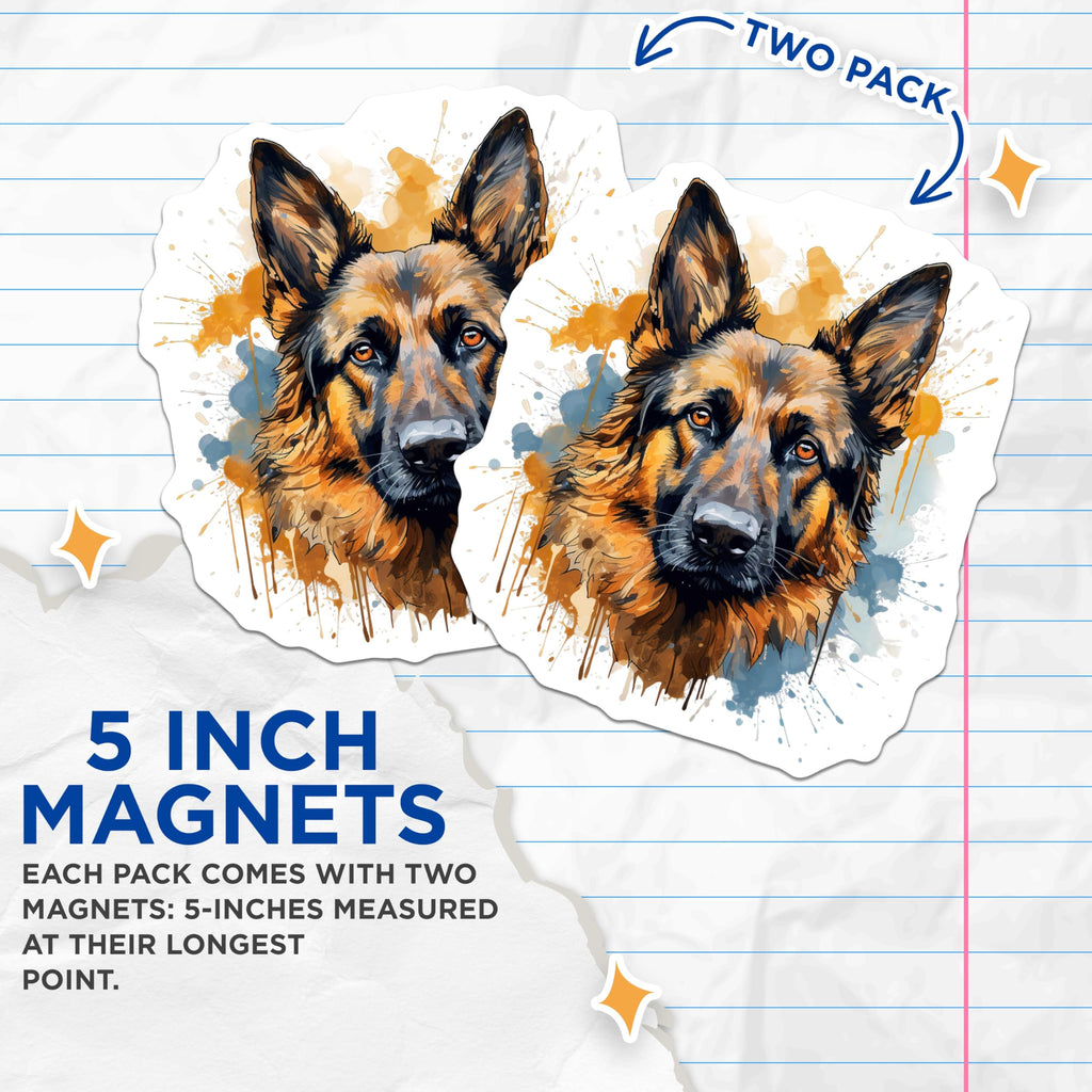 (2 Pack) German Shepherd Magnets - Watercolor Dog Art - Pet Lover Home Decor - 5 Inches On Longest Side - Thick Durable Magnet - Made in USA - MAG27010