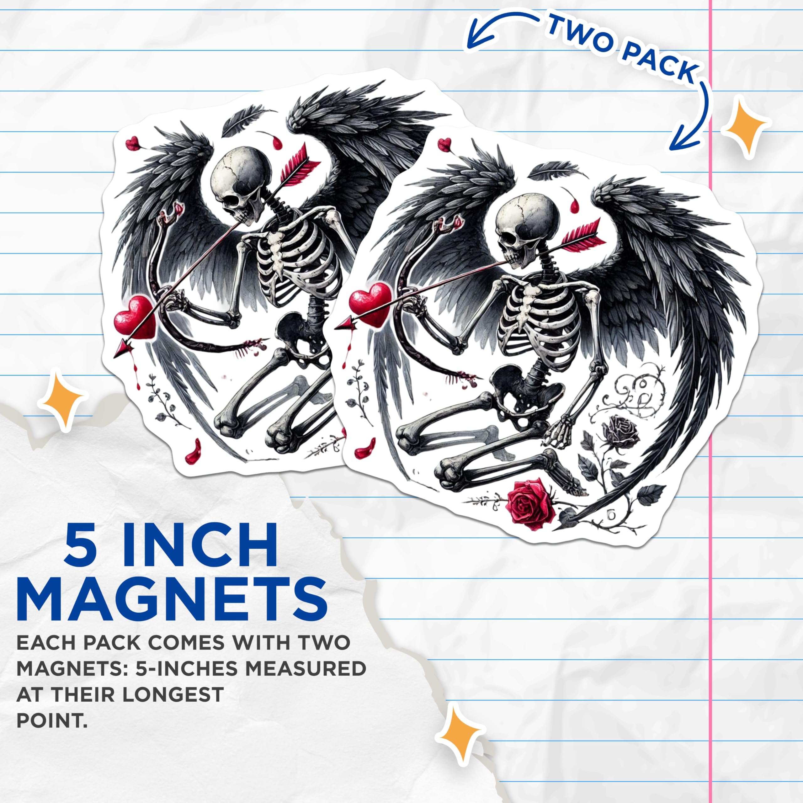 (2 Pack) Skeleton Cupid Magnets - Dark Valentine- Gothic Heart Magnets - 5" On Longest Side - Premium Magnet - for Cars, Refrigerators, Toolboxes, Lockers - Made in USA - MAG14645