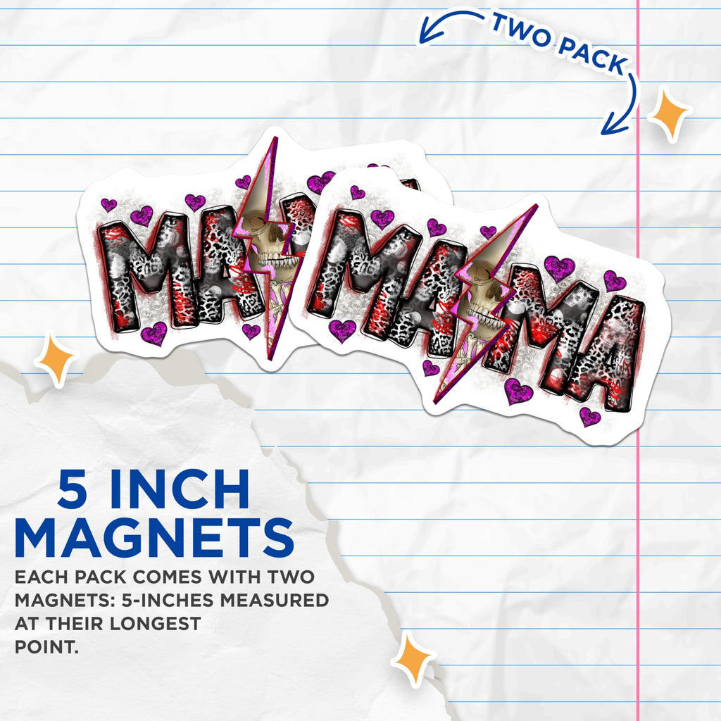 (2 Pack) Mama Skull Magnets - Edgy Leopard Print Decor - Rocker Mother Refrigerator Accessory - 5 Inches On Longest Side - Thick Durable Magnet - Made in USA - MAG30956