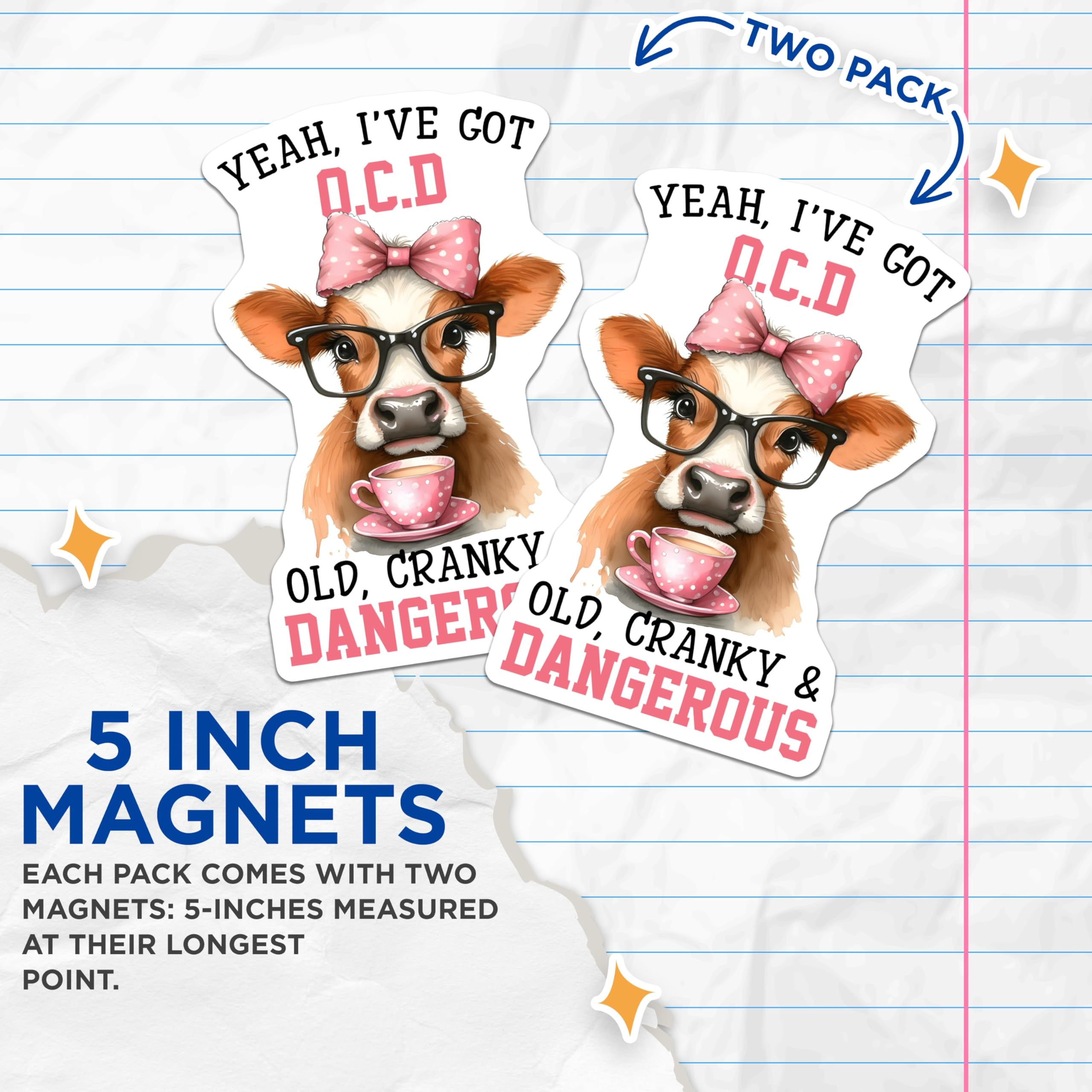 (2 Pack) Funny Cow Magnets - OCD Old Cranky Magnets - Cute Animal Magnets - 5" On Longest Side - Premium Magnet - for Cars, Refrigerators, Toolboxes, Lockers - Made in USA - MAG16991