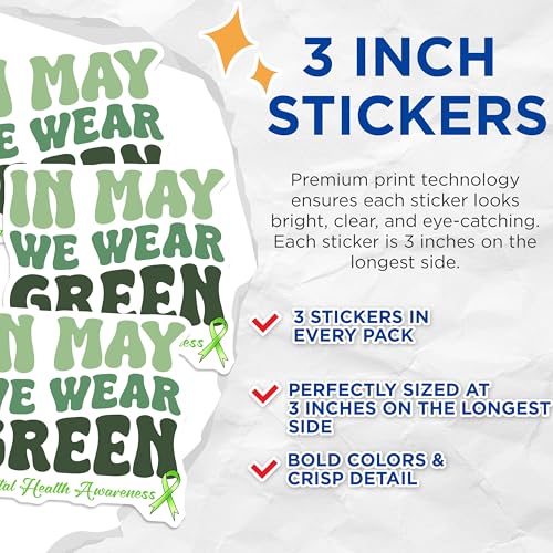 (3 Pack) Mental Health Decals - Green Ribbon Awareness - Motivational Stickers - 3 Inches On Longest Side - Easy Peel & Apply - Made in USA - 3MCS7003