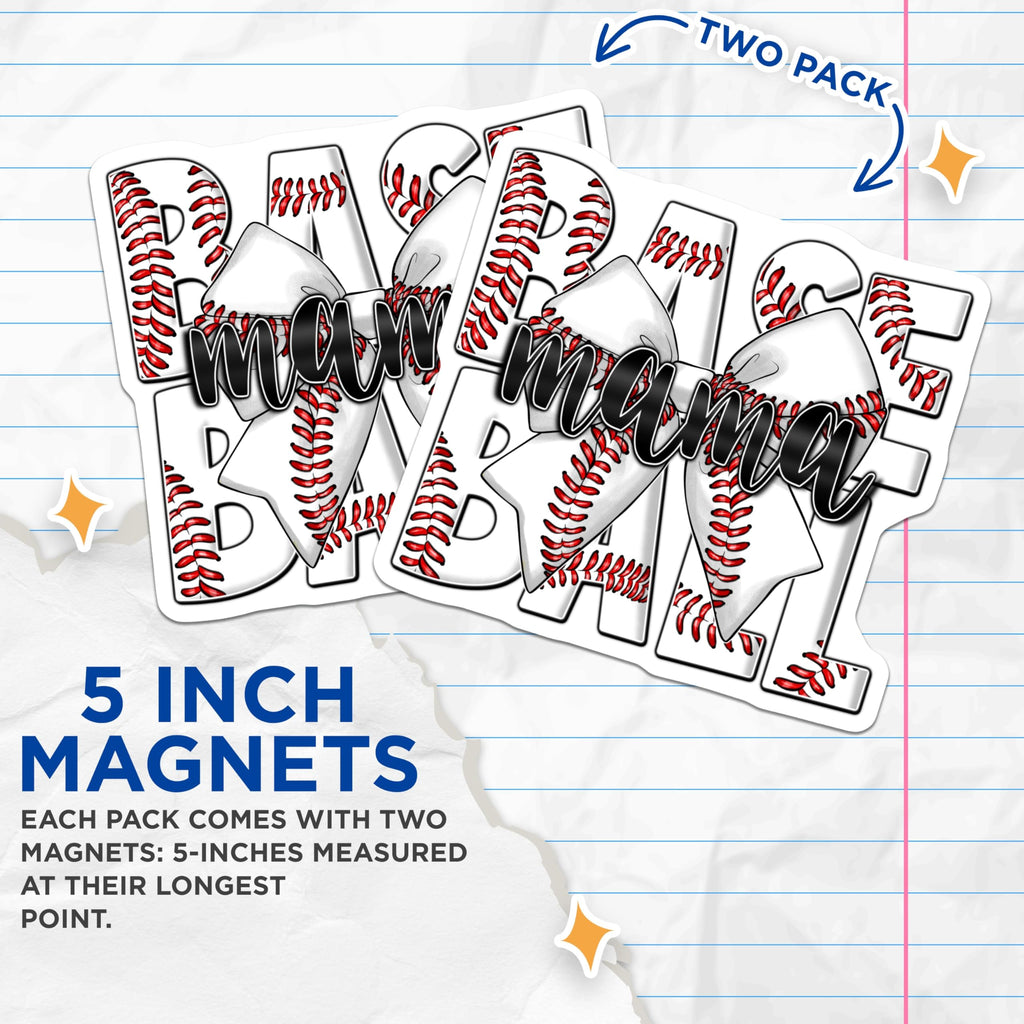 (2 Pack) Baseball Mama Magnets - Sports Mom Fan Game Day Accessories - Team Spirit Display for Proud Mothers - 5 Inches On Longest Side - Thick Durable Magnet - Made in USA - MAG23763