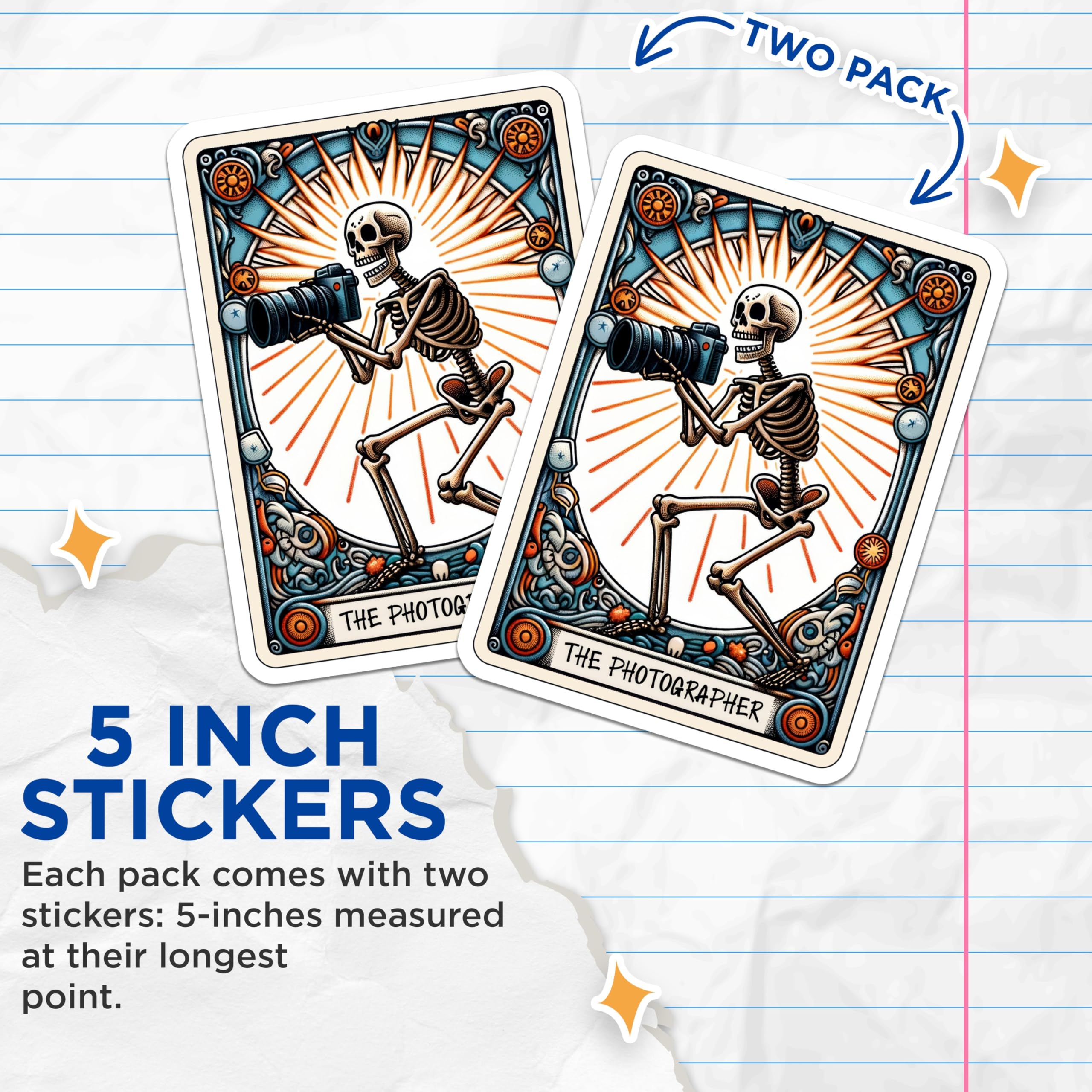 (2 Pack) Skeleton Photographer Stickers - Tarot Style Camera Decal - Unique Photo Enthusiast Art - 5" On Longest Side - Sticks to Smooth Flat Surfaces - Made in USA - BMCS21449