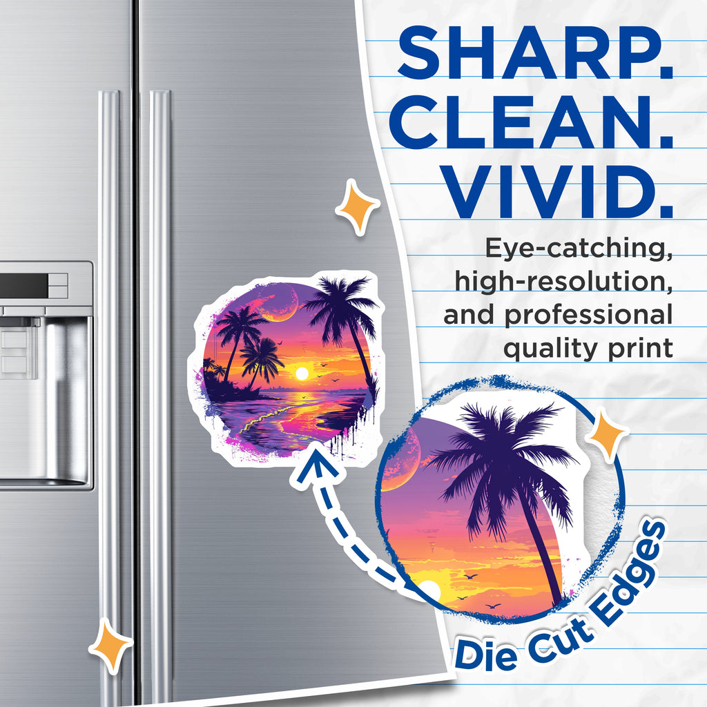 (2 Pack) Synthwave Beach Magnets - Retro Sunset Palm Tree - Vaporwave Ocean Waves Fridge - 5 Inches On Longest Side - Thick Durable Magnet - Made in USA - MAG36511