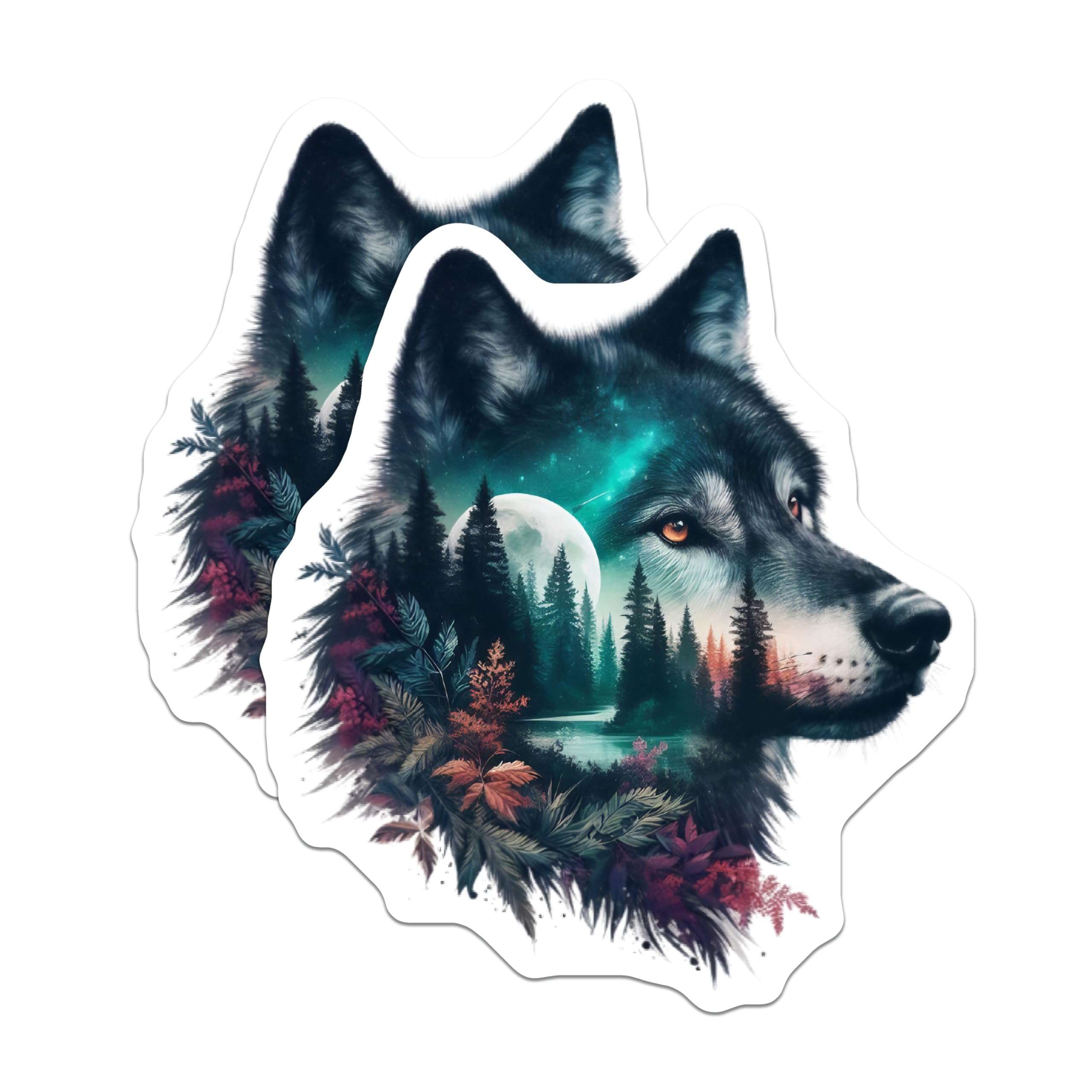 (2 Pack) Wolf Stickers - Galaxy Moon Design - Animal Lover Stickers - 5" On Longest Side - Sticks to Smooth Flat Surfaces - Made in USA - BMCS15114