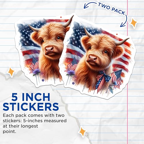 (2 Pack) Highland Cow Stickers - American Flag Stickers - Cute Animal Stickers - 5" On Longest Side - Sticks to Smooth Flat Surfaces - Made in USA - BMCS6363