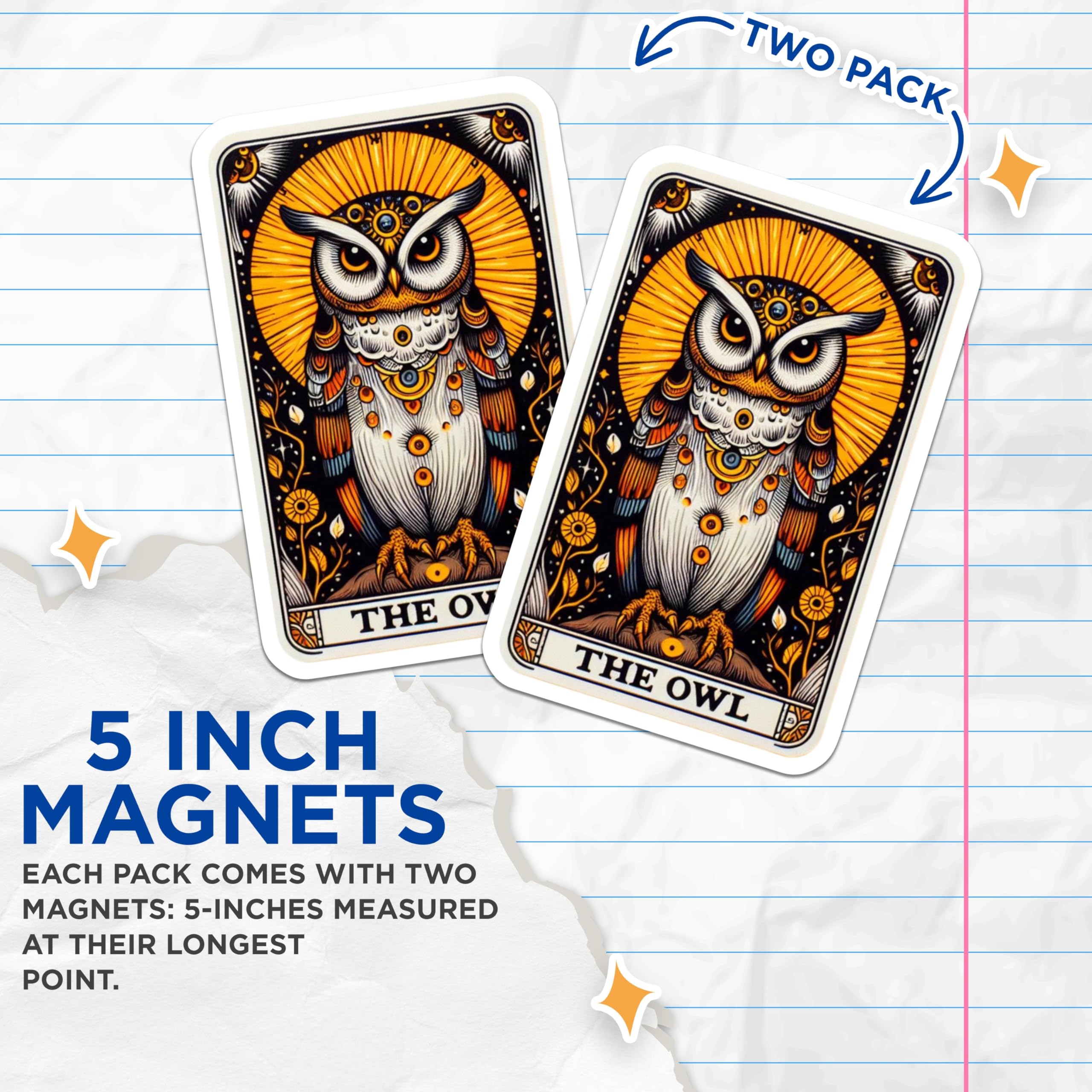 (2 Pack) Mystical Owl Magnets - Ornate Tarot Card Art Design - Spiritual Wisdom Bird Celestial Fridge Decor - 5 Inches On Longest Side - Thick Durable Magnet - Made in USA - MAG22608