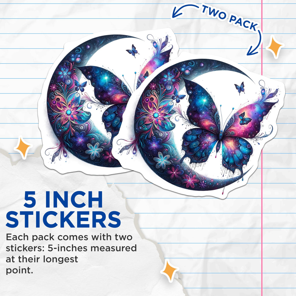 (2 Pack) Galaxy Butterfly Stickers - Crescent Moon Decals - Cosmic Floral Art Stickers- 5" On Longest Side - Sticks to Smooth Flat Surfaces - Made in USA - BMCS16465