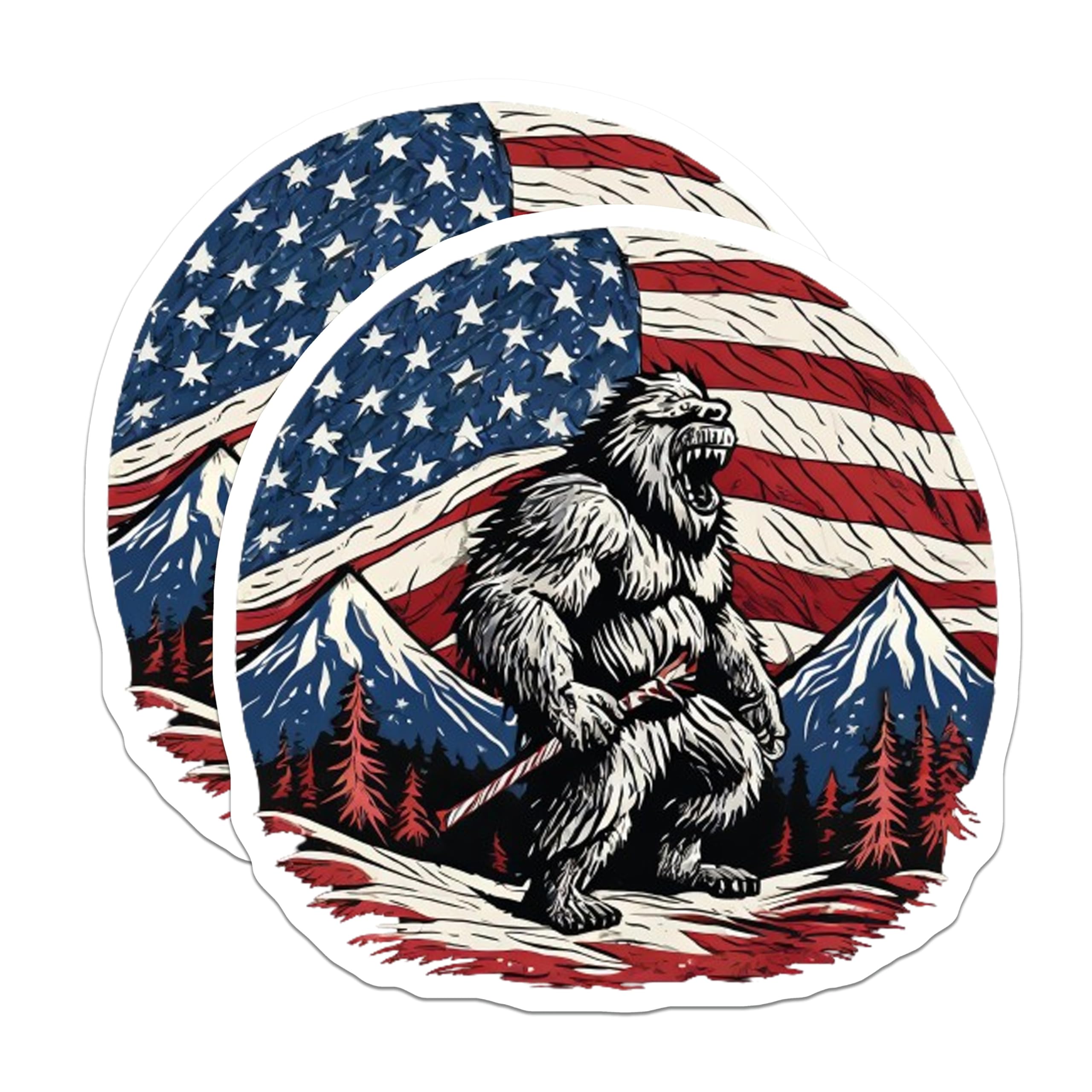 (2 Pack) Bigfoot American Flag Magnets - Patriotic Sasquatch Decor - USA Mountain Yeti Display - 5 Inches On Longest Side - Thick Durable Magnet - Made in USA - MAG20618
