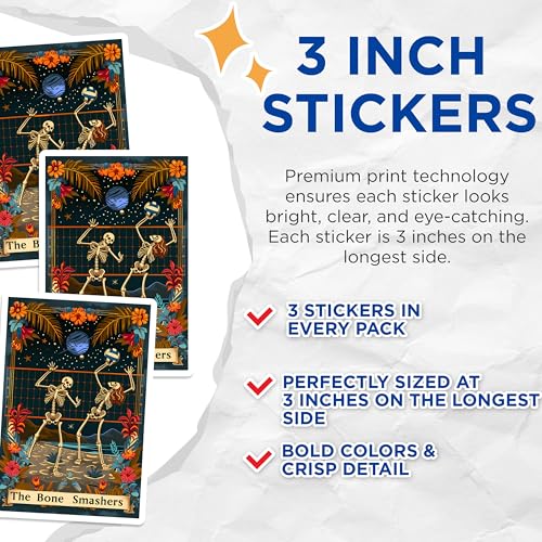 (3 Pack) Skeleton Volleyball Decals - Tropical Beach Decal - Bone Smashers Decals - 3 Inches On Longest Side - Easy Peel & Apply - Made in USA - 3MCS0024