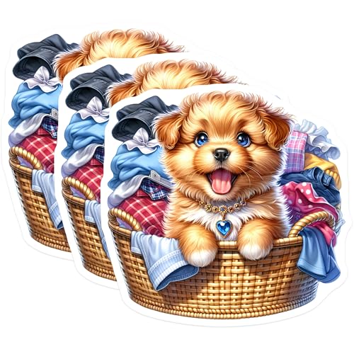 (3 Pack) Puppy in Basket Decals - Cute Dog Stickers - Pet Lover Decals - 3 Inches On Longest Side - Easy Peel & Apply - Made in USA - 3MCS8178