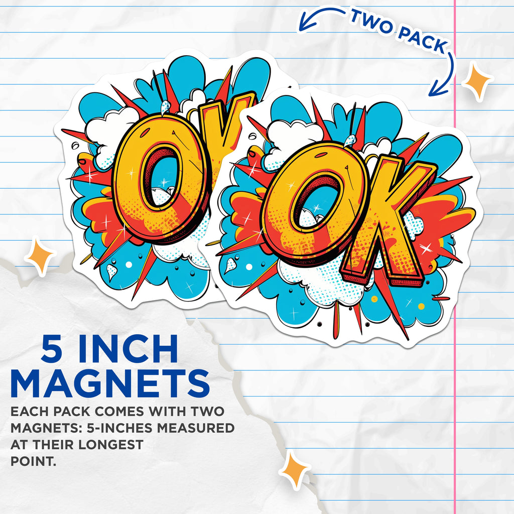 (2 Pack) Pop Art OK Magnets - Comic Book Style Expression - Retro Refrigerator Decor - Kitchen Locker Accent - 5 Inches On Longest Side - Thick Durable Magnet - Made in USA - MAG38029