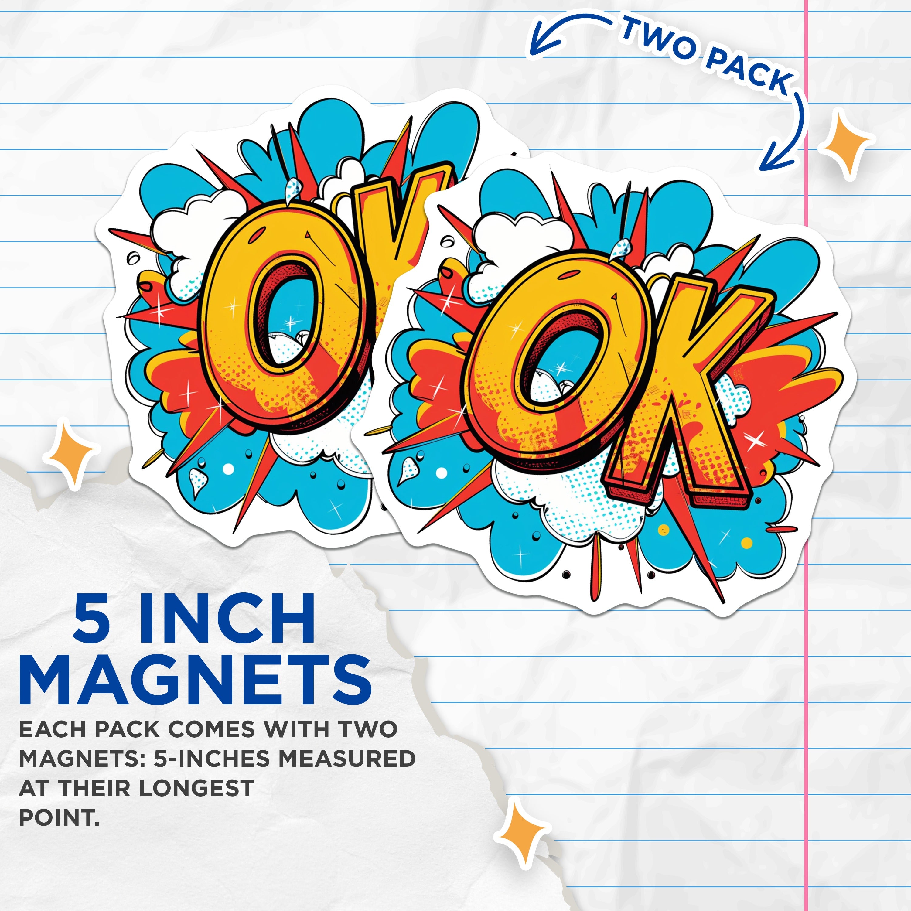 (2 Pack) Pop Art OK Magnets - Comic Book Style Expression - Retro Refrigerator Decor - Kitchen Locker Accent - 5 Inches On Longest Side - Thick Durable Magnet - Made in USA - MAG38029