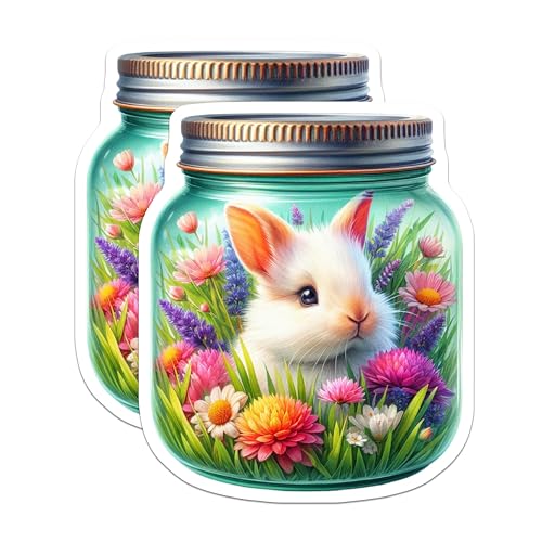 (2 Pack) Cute Bunny in a Jar Stickers - Adorable Rabbit - Flower Meadow - 5" On Longest Side - Sticks to Smooth Flat Surfaces - Made in USA - BMCS9355
