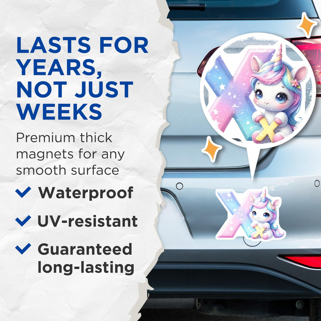 (2 Pack) Letter X Unicorn Magnets - Alphabet Initial Decor - Whimsical Cute Fridge Magnets - 5" On Longest Side - Premium Magnet - for Cars, Refrigerators, Toolboxes, Lockers - Made in USA - MAG15583