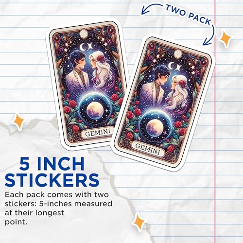 (2 Pack) Gemini Zodiac Stickers - Astrology Star Sign Decals - Horoscope Vinyl Stickers for Journals and Laptops - 5" On Longest Side - Sticks to Smooth Flat Surfaces - Made in USA - BMCS5049