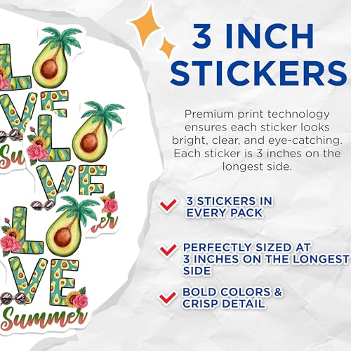 (3 Pack) Love Summer Decals - Avocado Decals - Summer Vibes Decal - 3 Inches On Longest Side - Easy Peel & Apply - Made in USA - 3MCS7147