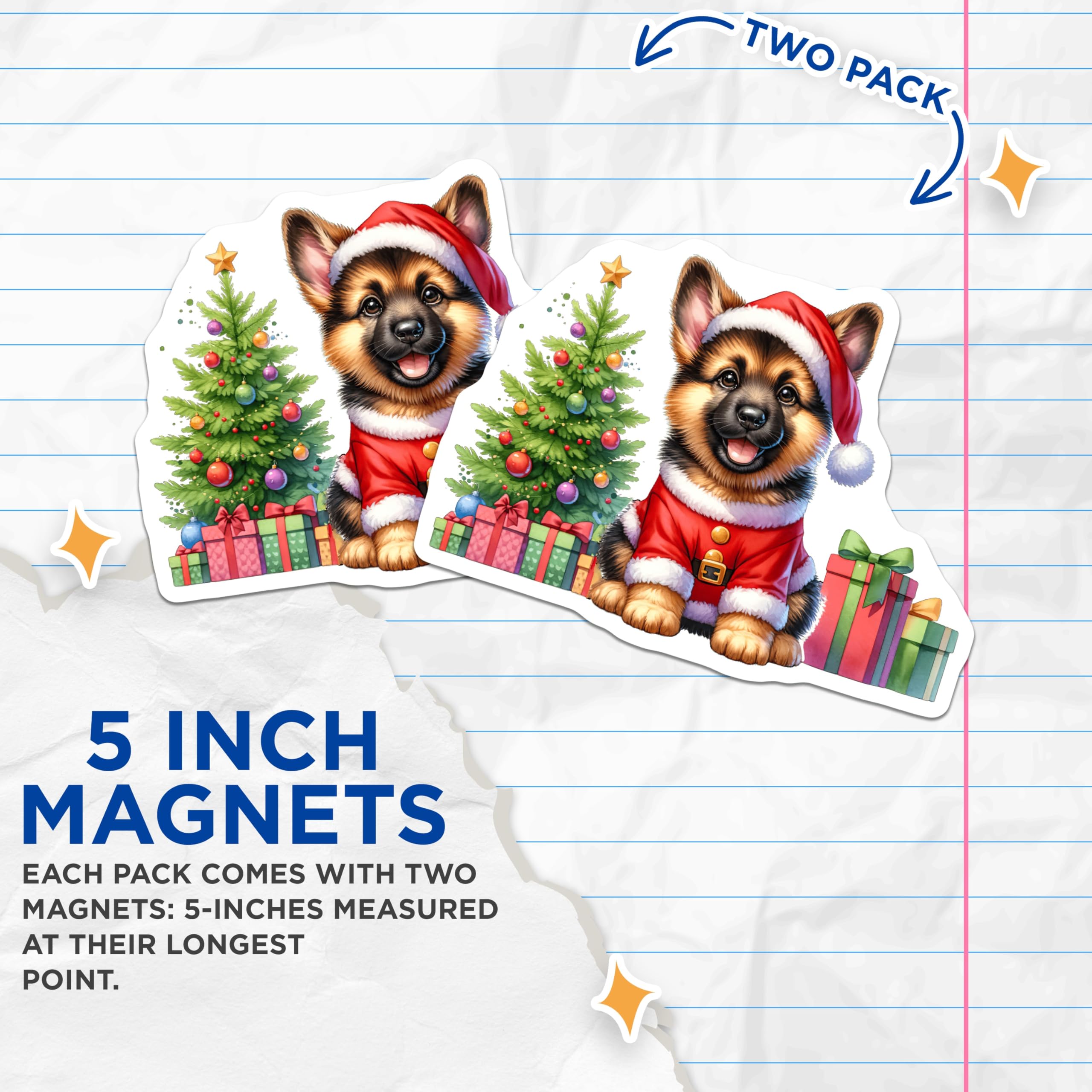 (2 Pack) German Shepherd Christmas Magnets - Puppy Dog Holiday Decor - Santa Hat Pet Lover Fridge - 5 Inches On Longest Side - Thick Durable Magnet - Made in USA - MAG30346