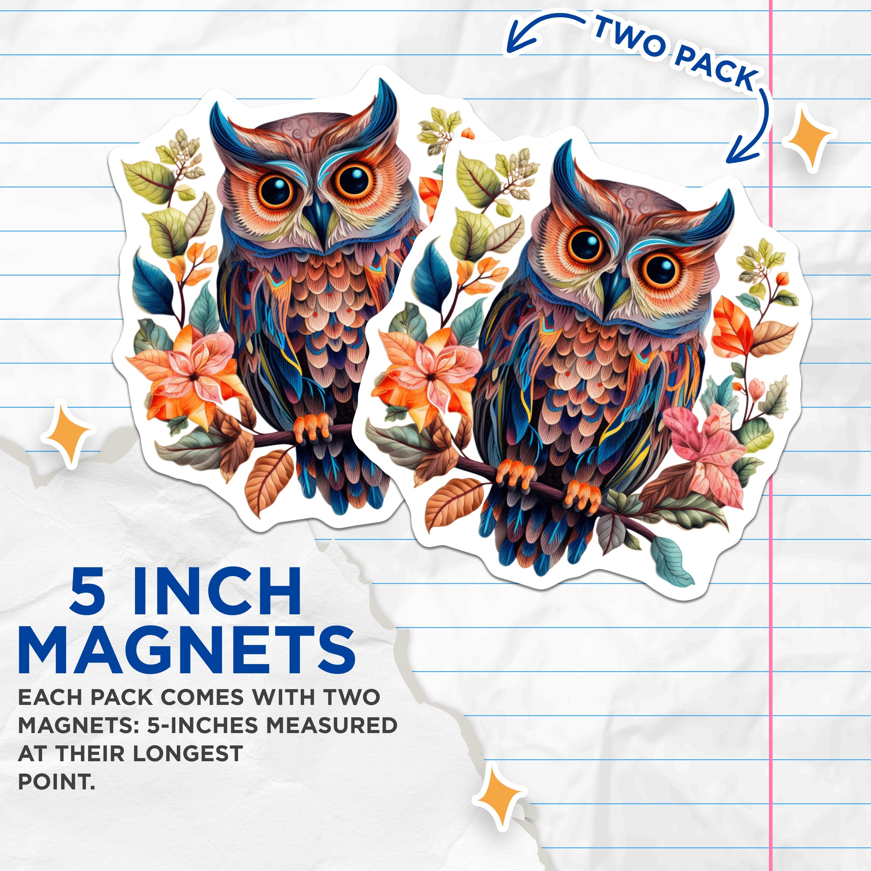 (2 Pack) Bohemian Owl Magnets - Folk Art Bird - Kitchen Refrigerator - 5 Inches On Longest Side - Thick Durable Magnet - Made in USA - MAG37113