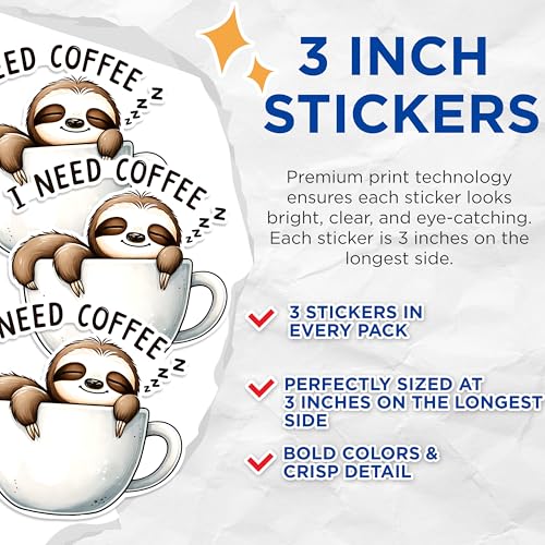(3 Pack) Sloth Coffee Decals - I Need Coffee Sticker - Cute Animal Decal - 3 Inches On Longest Side - Easy Peel & Apply - Made in USA - 3MCS1559