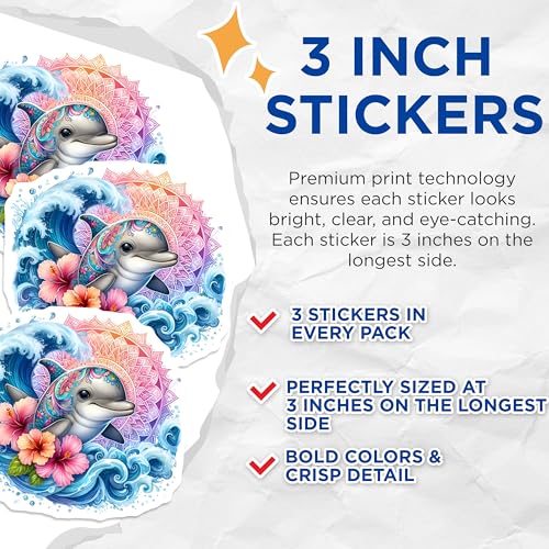 (3 Pack) Dolphin Laptop Decals - Mandala Decal - Hibiscus Flower Decal - 3 Inches On Longest Side - Easy Peel & Apply - Made in USA - 3MCS8254
