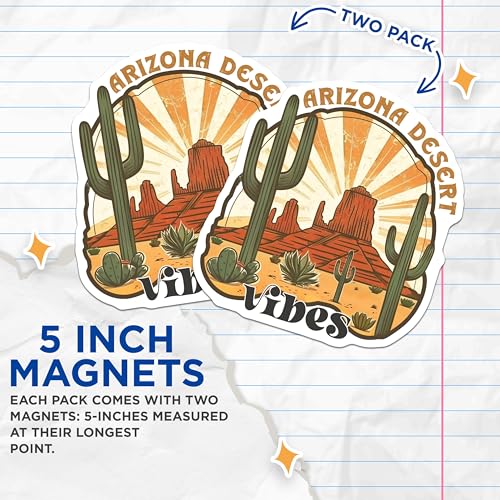 (2 Pack) Arizona Desert Vibes Magnets - Southwest Cactus Design - Retro Desert Scene Magnets - 5" On Longest Side - for Cars, Fridges, Toolboxes - Made in USA - MAG4314