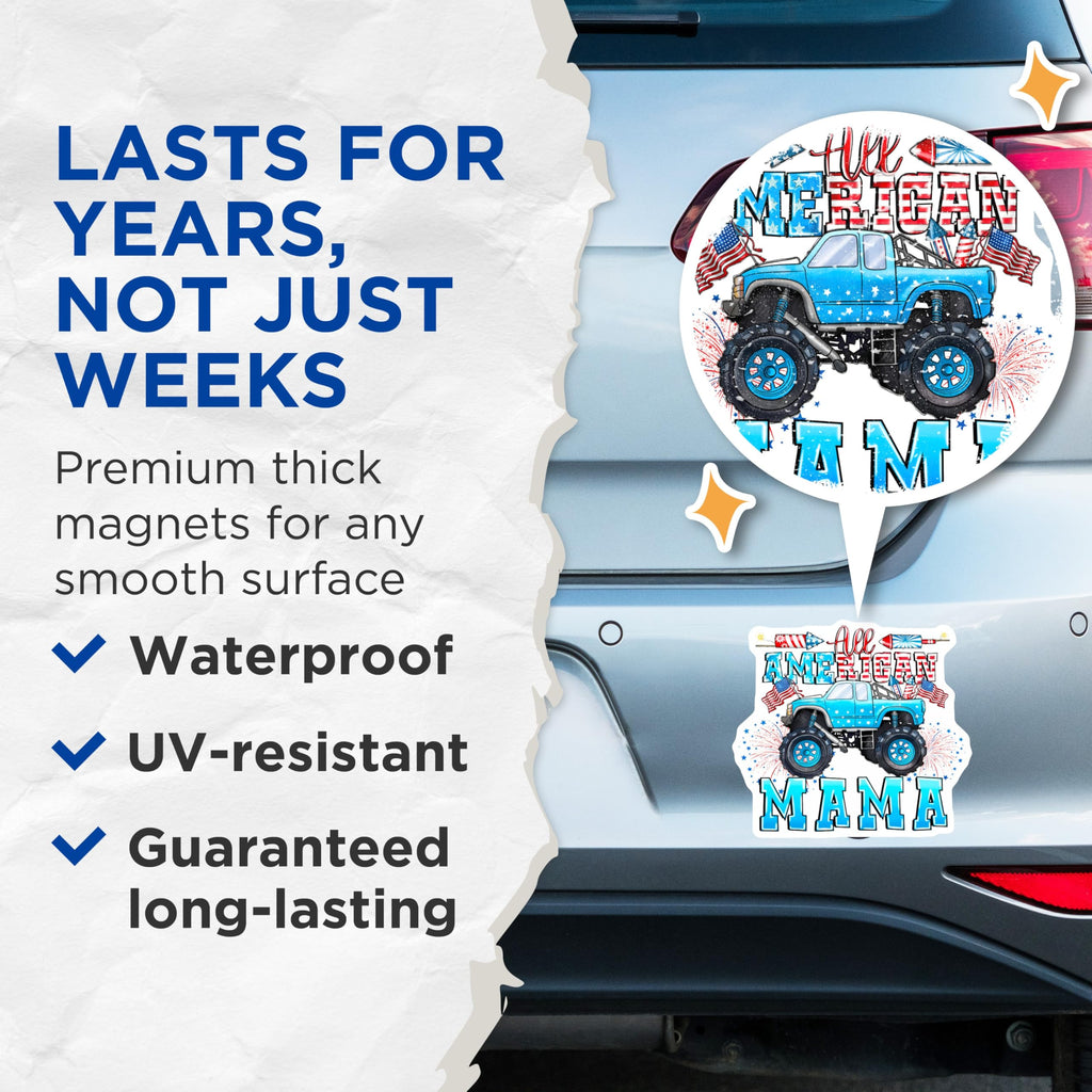 (2 Pack) All American Mama Magnets - Patriotic Truck Decals - 4th of July Celebration Decor - 5 Inches On Longest Side - Thick Durable Magnet - Made in USA - MAG27854