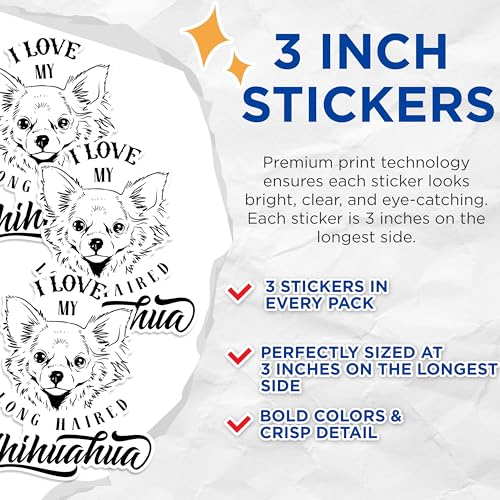 (3 Pack) Long Haired Chihuahua Decals - Chihuahua Laptop Decal - Dog Breed Decal - 3 Inches On Longest Side - Easy Peel & Apply - Made in USA - 3MCS1761