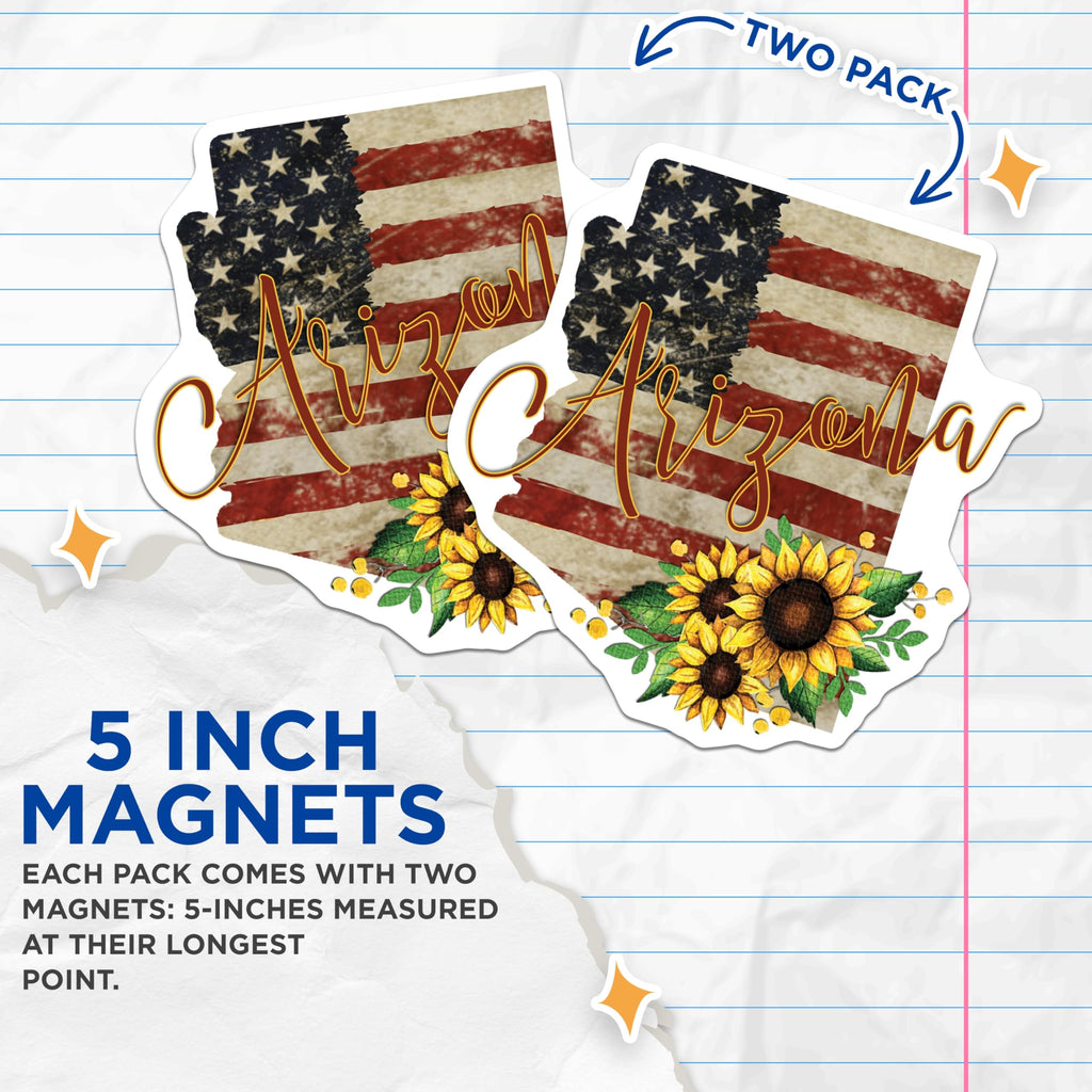 (2 Pack) Arizona Flag Magnets - State Pride Decor - Sunflower Fridge Art - 5" On Longest Side - Premium Magnet - for Cars, Refrigerators, Toolboxes, Lockers - Made in USA - MAG18717